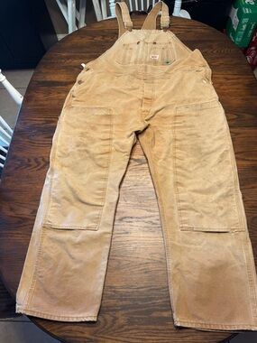 Round House Tan Canvas Work Bib Overalls Mens 46x30 Carpenter Utility